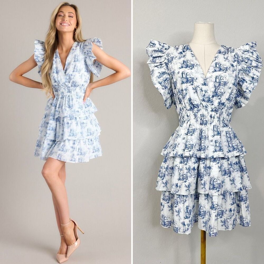 Entro Blue Toile Print Ruffle Sleeve Tiered Mini Dress L Cottagecore Coastal